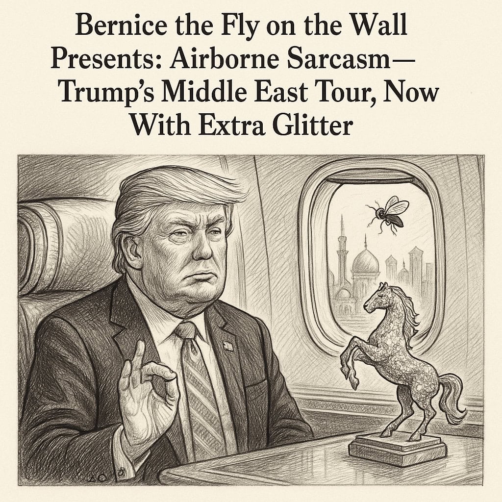 Illustration of Donald Trump with a flying bee and a unicorn inside an airplane window.