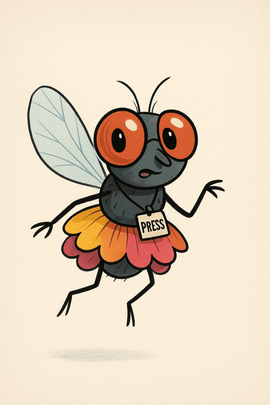 Cartoon insect with large eyes wearing a "Press" badge and colorful skirt.