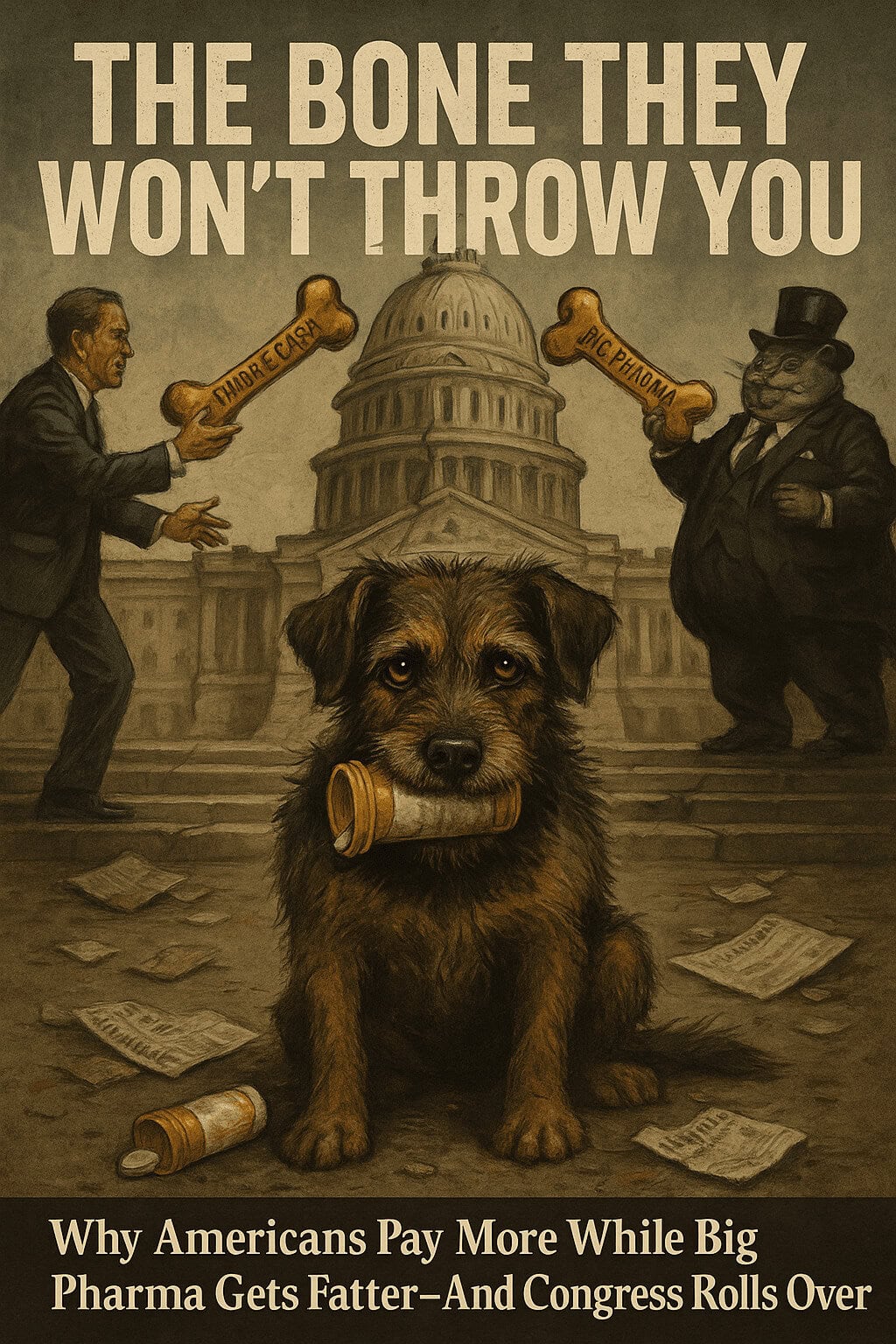 Political cartoon showing dog with a bone in its mouth, surrounded by politicians with bones labeled.