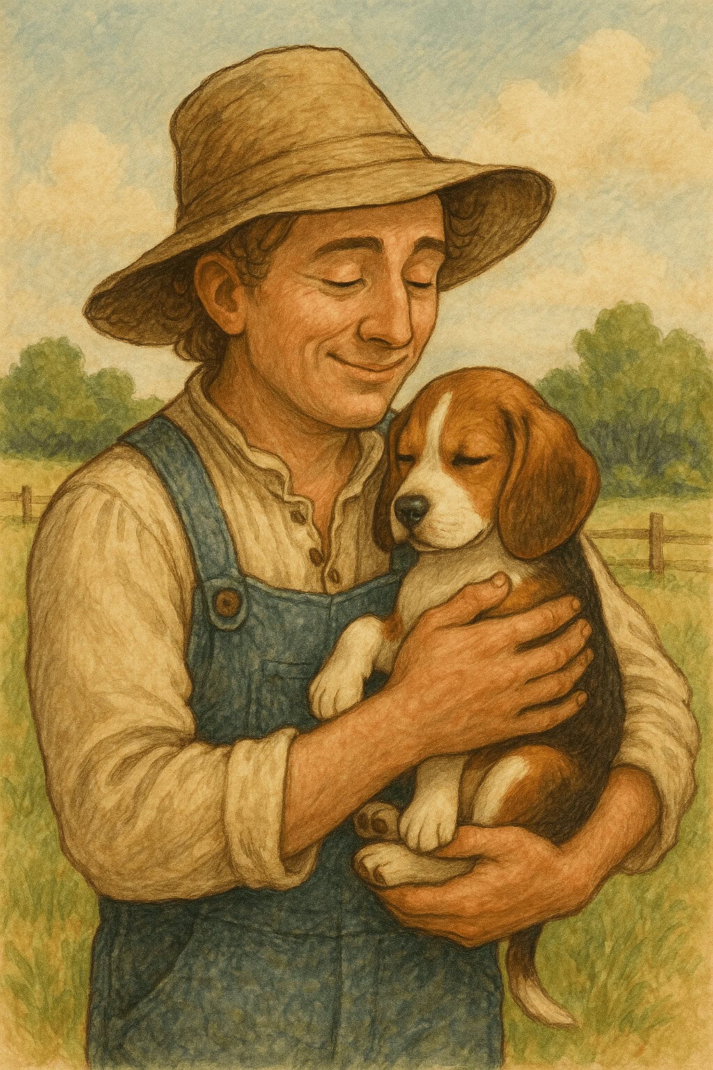 Loving farmer holding a puppy in a peaceful countryside scene.