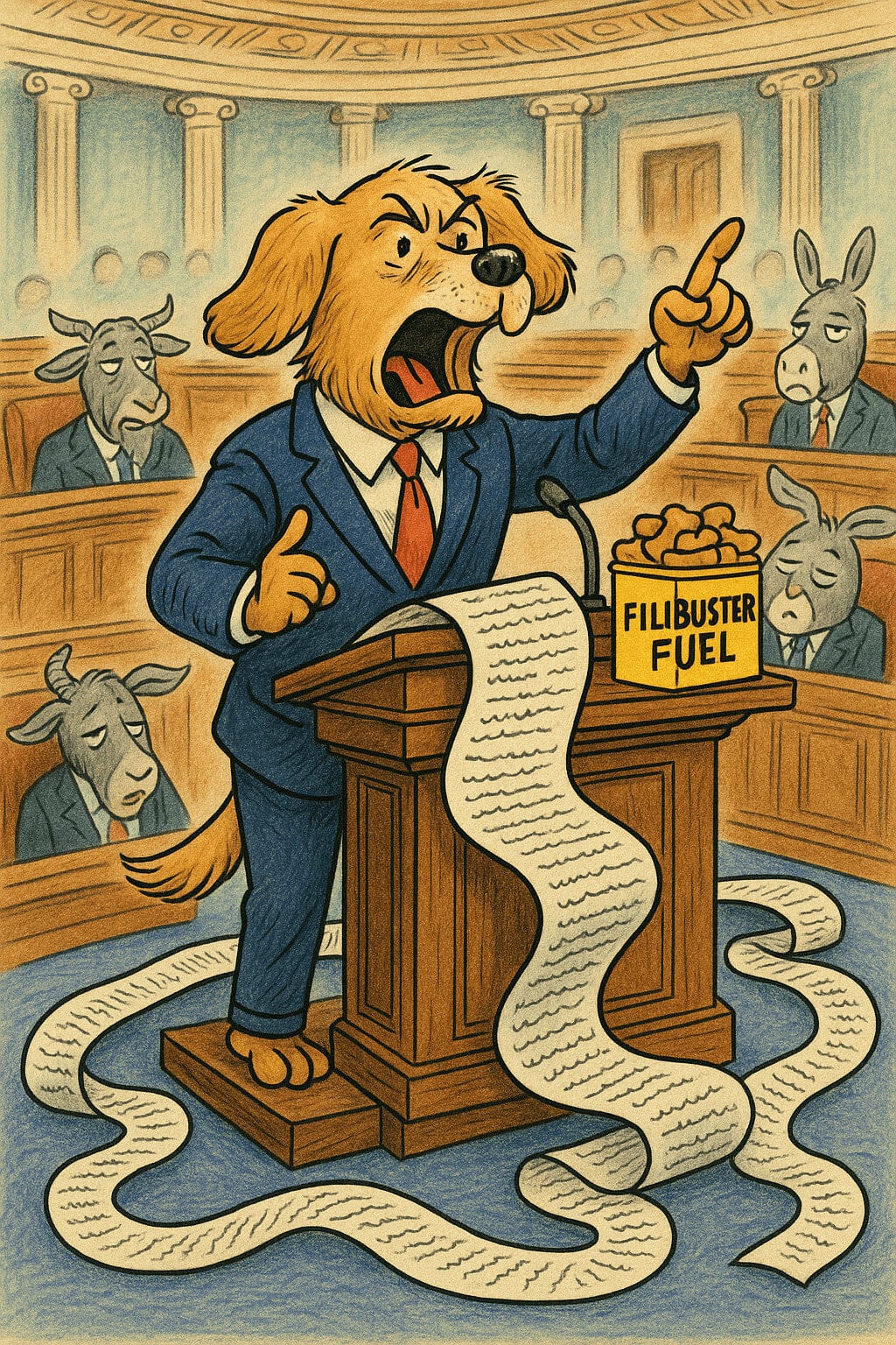 Cartoon dog lawyer passionately arguing in courtroom with animal jury.