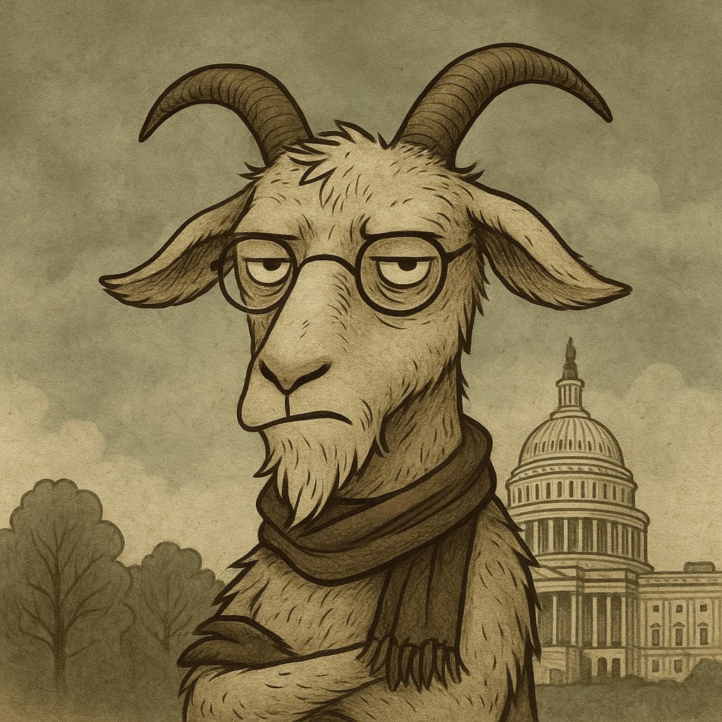 Goat with glasses and scarf in front of Capitol building, artistic illustration.