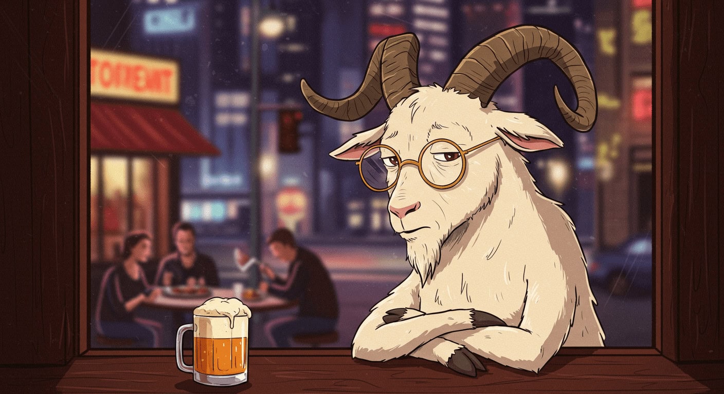 Cartoon goat with glasses at a city bar, beer mug in foreground, nighttime urban scene.