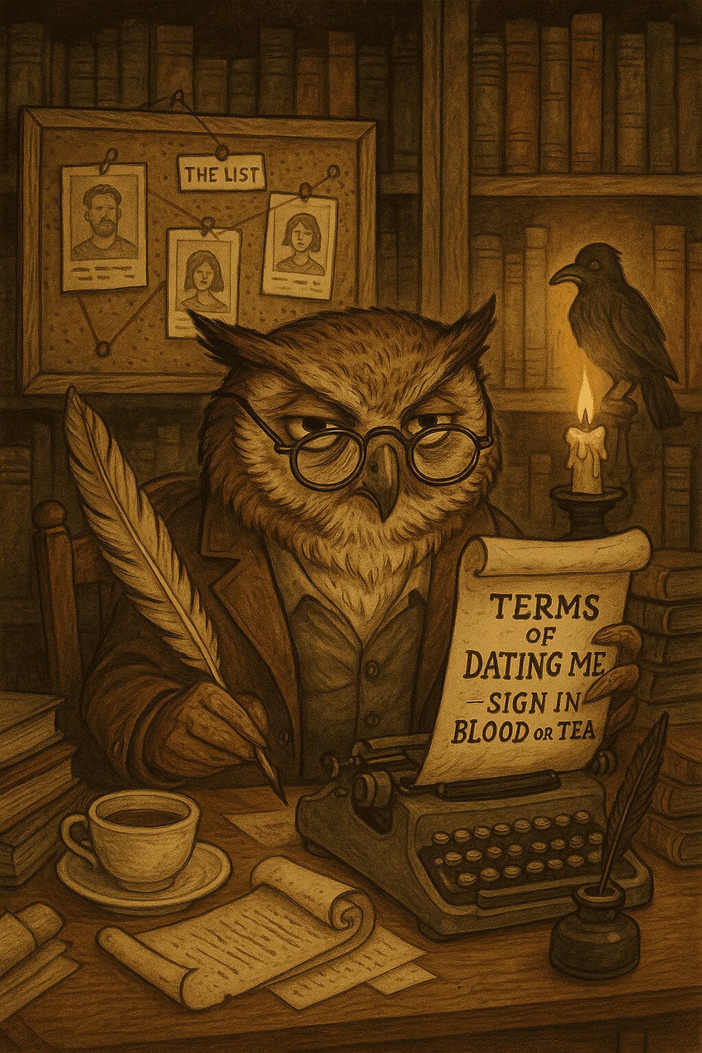 A wise owl wearing glasses at a vintage desk with typewriter, candle, and coffee, surrounded by book.