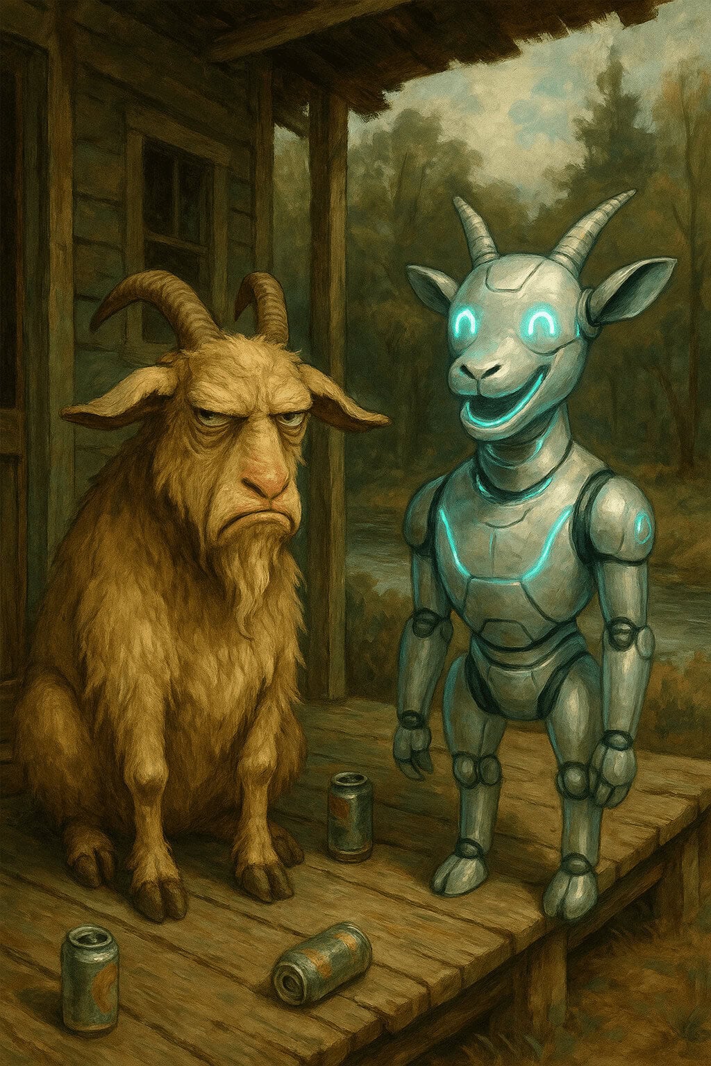 Artistic depiction of a goat and a robot standing together on a wooden porch.