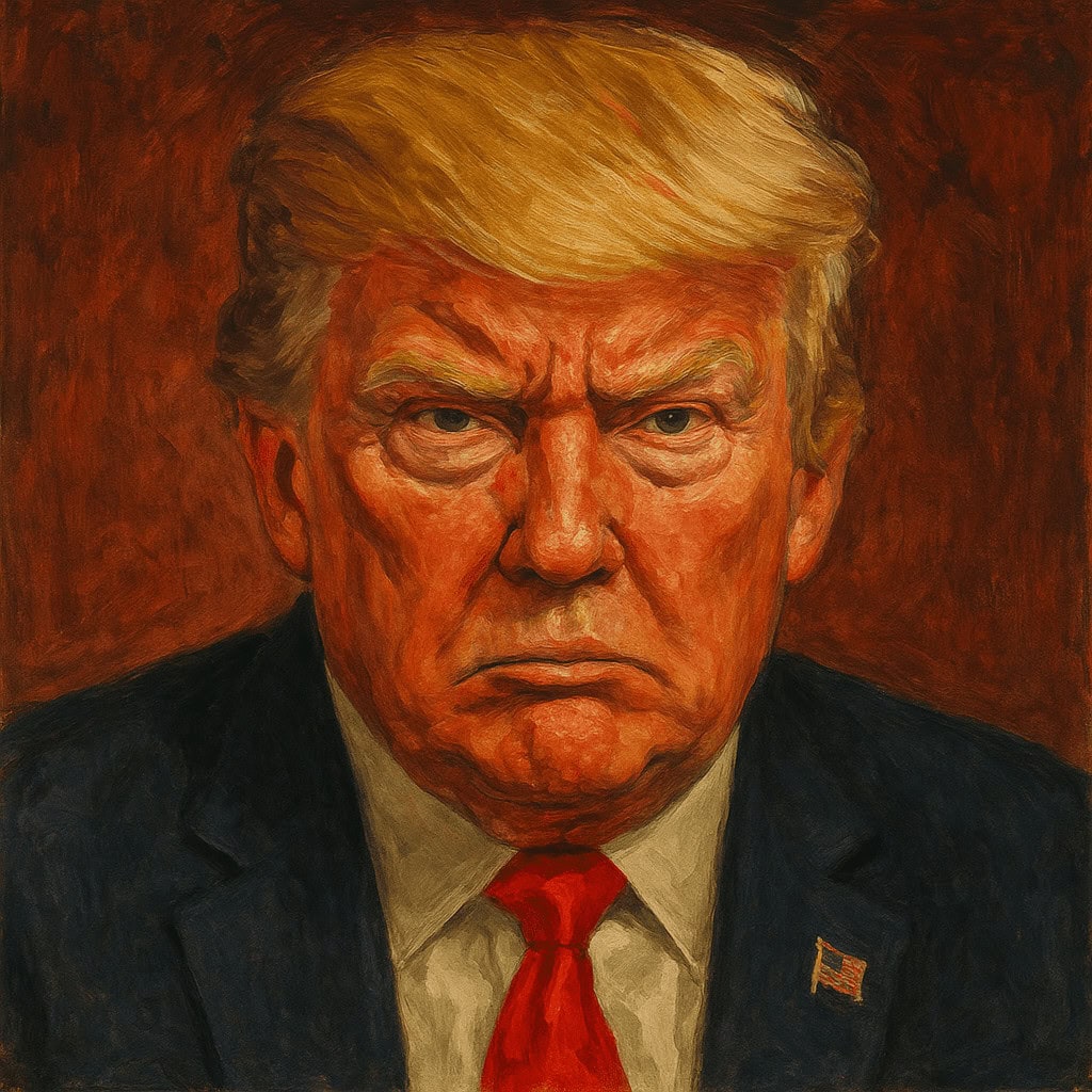 Close-up portrait of Donald Trump with serious expression, oil painting style.