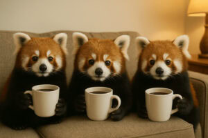 3 Red Pandas sitting on a couch drinking coffee