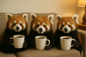 3 Red Pandas sitting on a couch drinking coffee