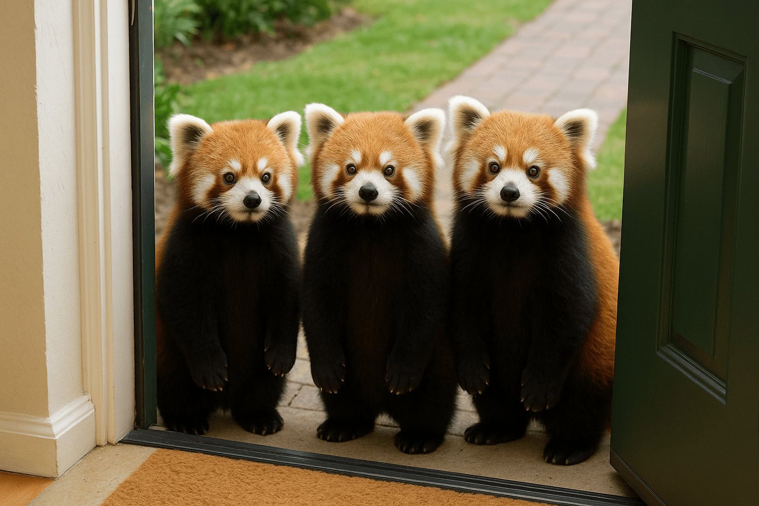 Three adorable red panda cubs standing at the doorstep, looking inside.