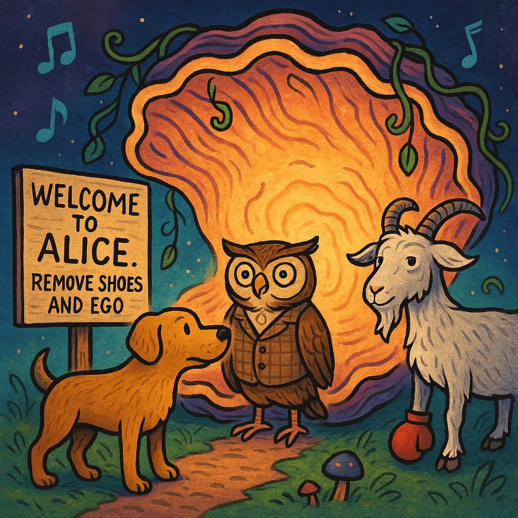 Scribe Safari Magazine – Alice in Wonderland Illustration Whimsical Alice in Wonderland scene with owl, dog, and goat in colorful forest setting.