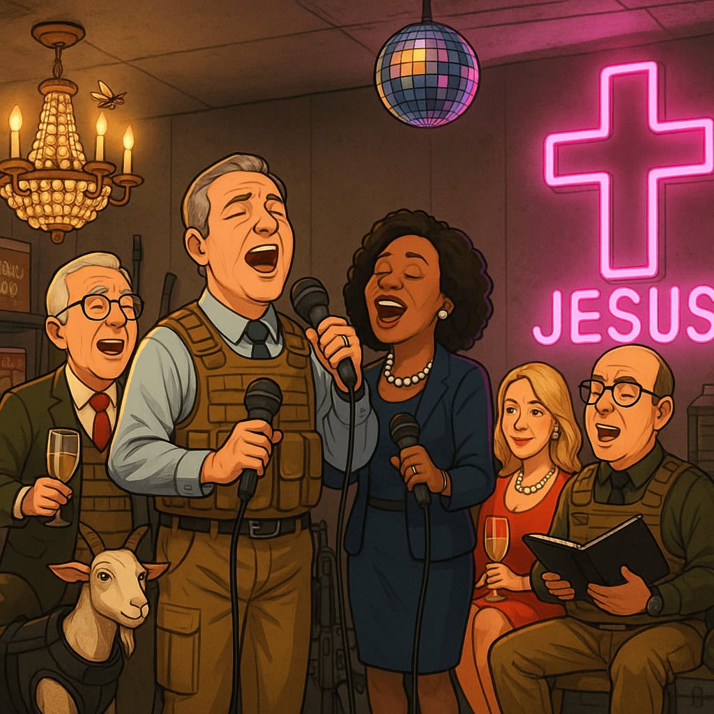 Scribe Safari Magazine – Worship and Faith Gathering Diverse group singing and worship in church with neon Jesus sign in background.