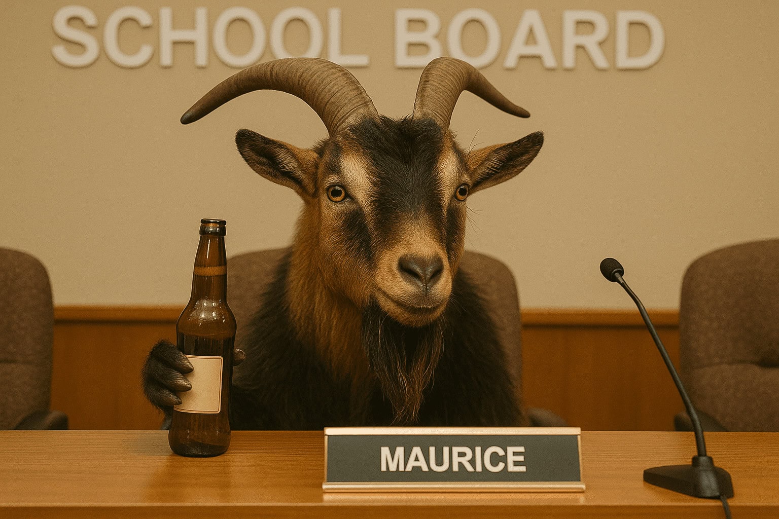 Goat sitting at a school board meeting holding a beer bottle, with a nameplate reading "Maurice".