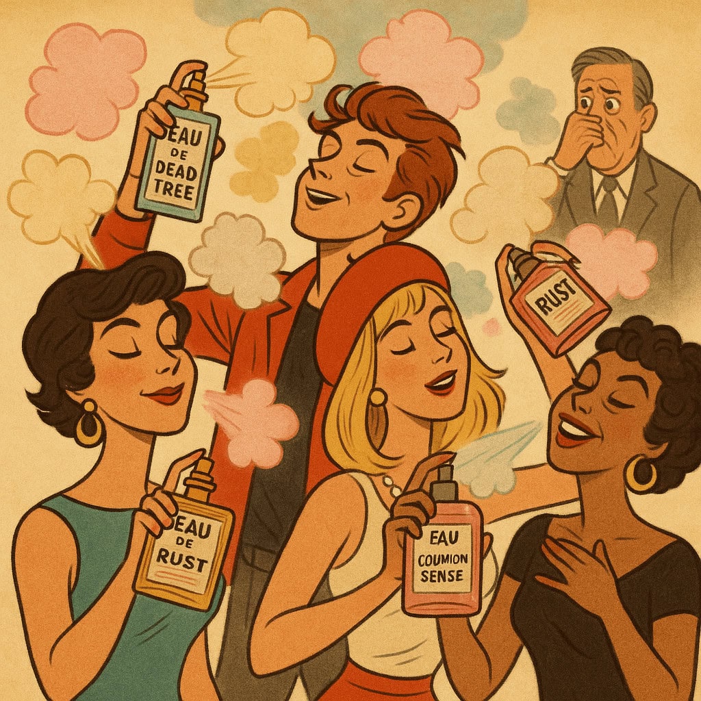 Group of diverse women spraying perfume with humorous labels like "Eau de Rust" and "Eau de Dead Tre.