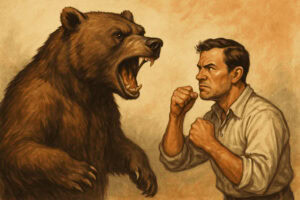A man is boxing a bear.
