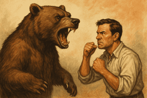 A man is boxing a bear.