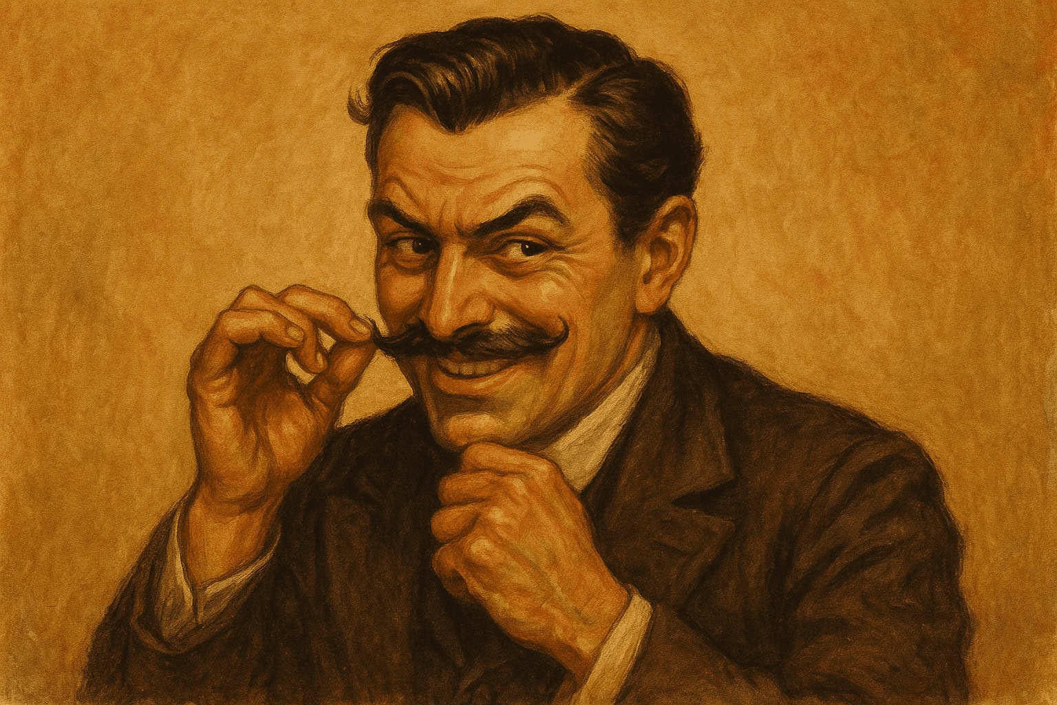 Vintage portrait of a man with a mustache, smiling confidently. Historical illustration of a gentleman with a playful expression and a mustache.