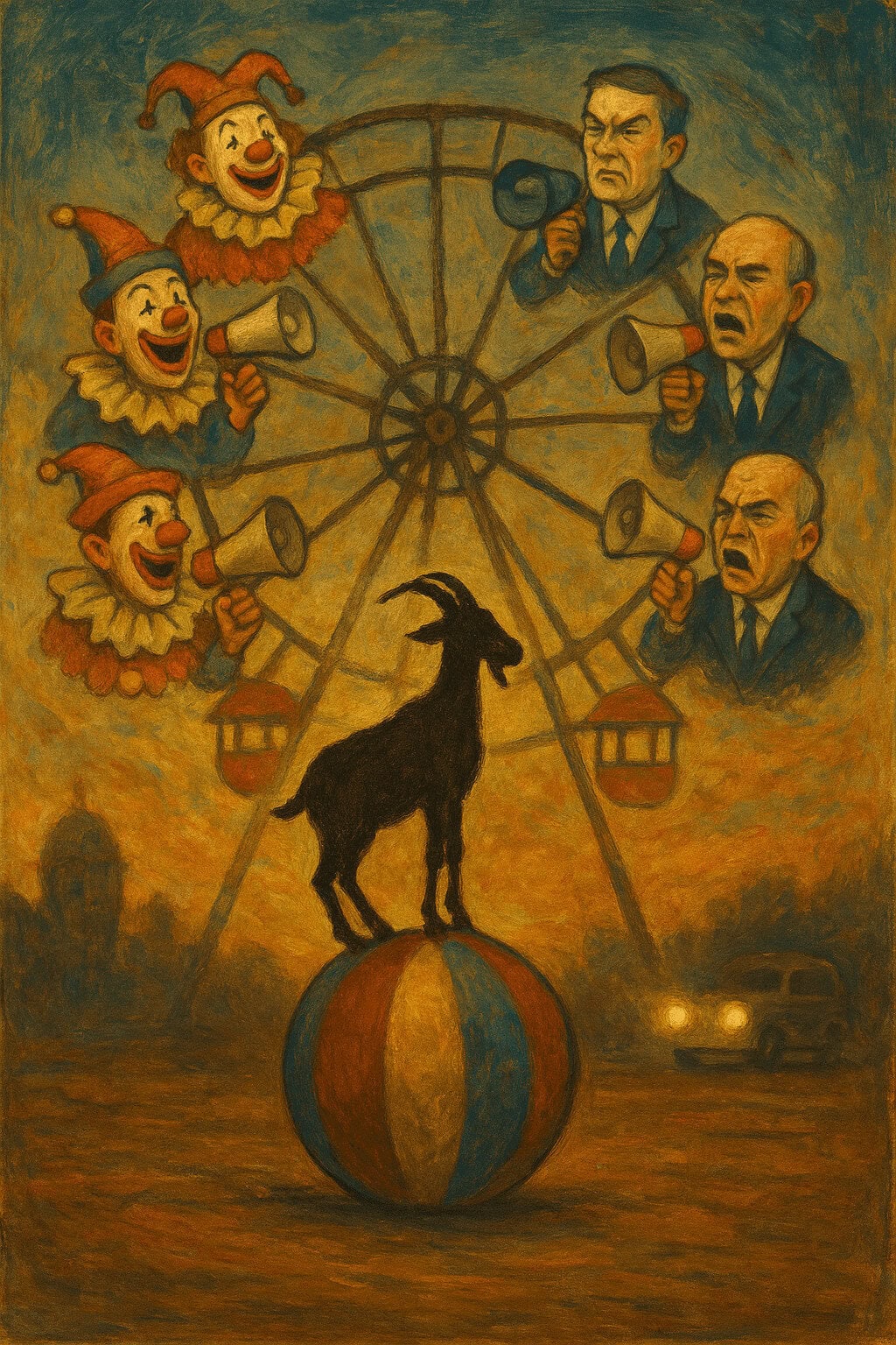 Artistic depiction of circus clowns and politicians with a Ferris wheel background.