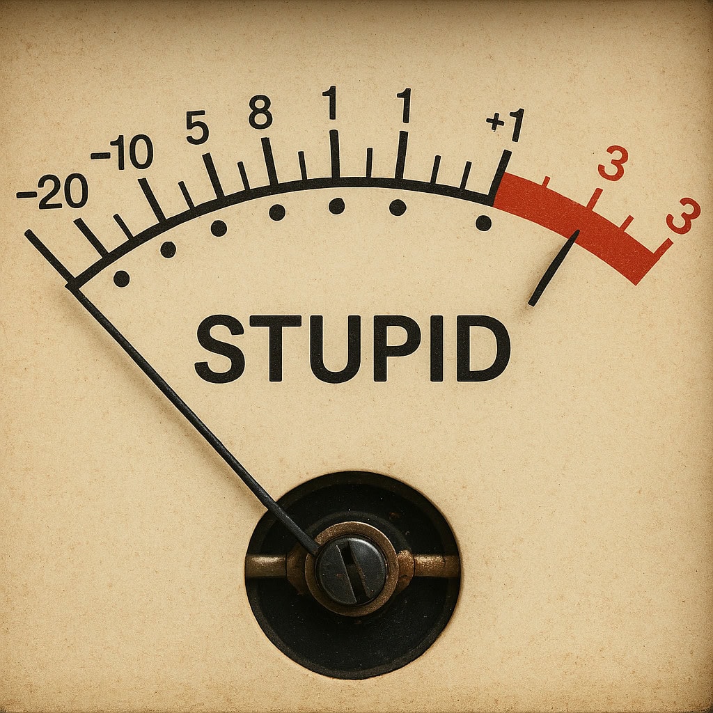 Humorous gauge showing negative and positive scales with "STUPID" label.
