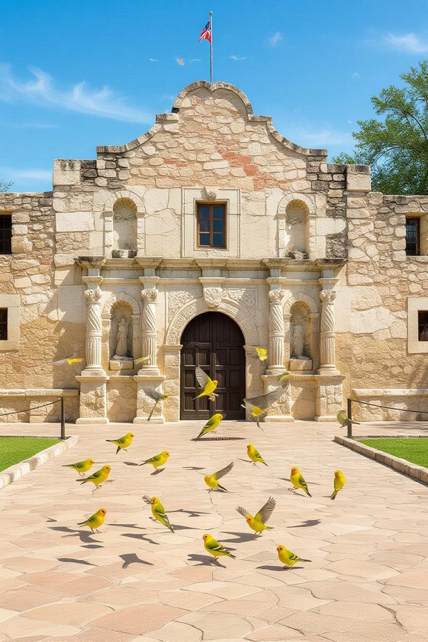 Iconic stone mission entrance with ornate columns and a wooden door in San Antonio, Texas.