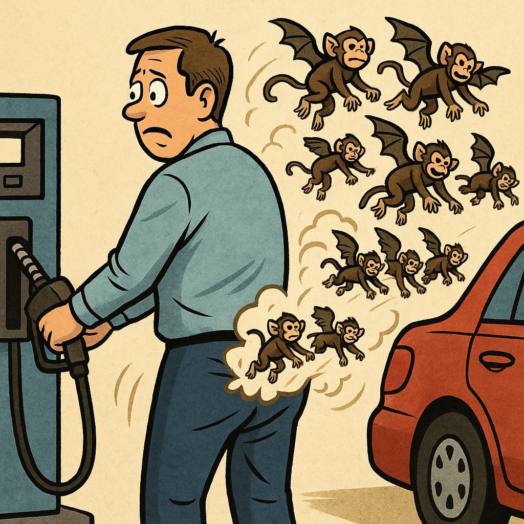 Gas station attendant refueling car with flying monkeys, representing chaos or unexpected surprises.