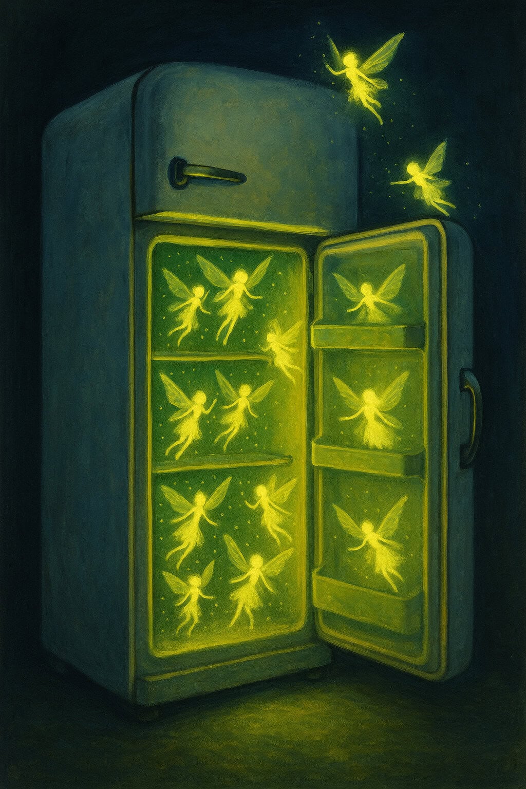 Vintage refrigerator emitting glowing fireflies in a dark room.
