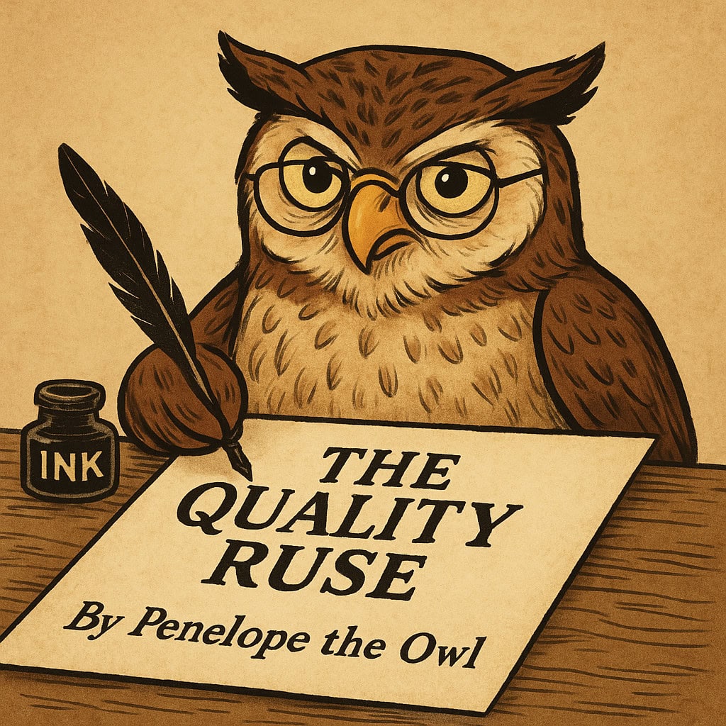 Owl with glasses writing "The Quality Ruse" by Penelope the Owl, symbolizing wisdom and storytelling.