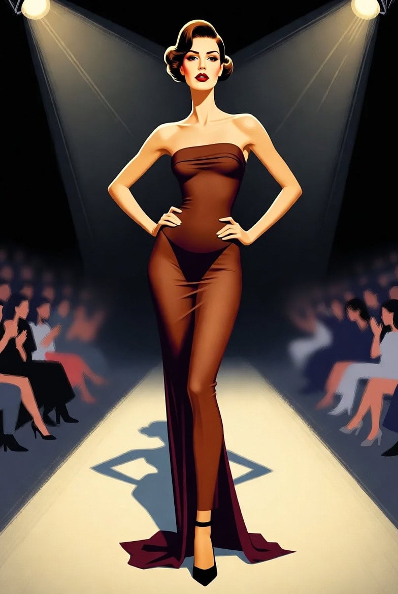 Fashion runway model illustration at Scribe Safari Magazine Elegant fashion runway model in a brown strapless gown on a catwalk with an audience.