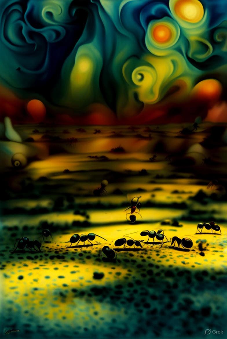 ANT ants exploring a vibrant, surreal landscape with swirling skies and glowing orbs.