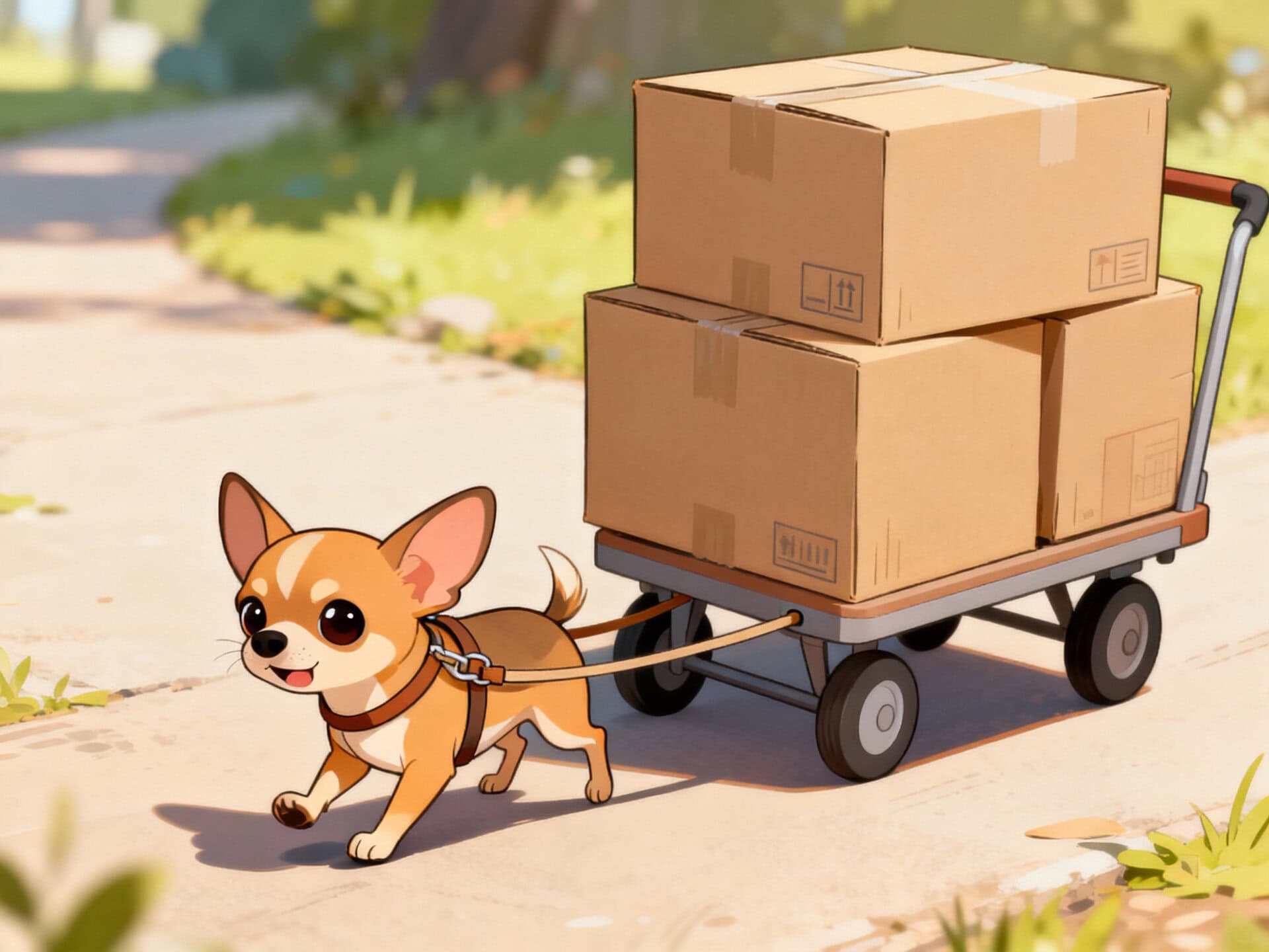 Adorable puppy pulling a cart with boxes on a sunny sidewalk.