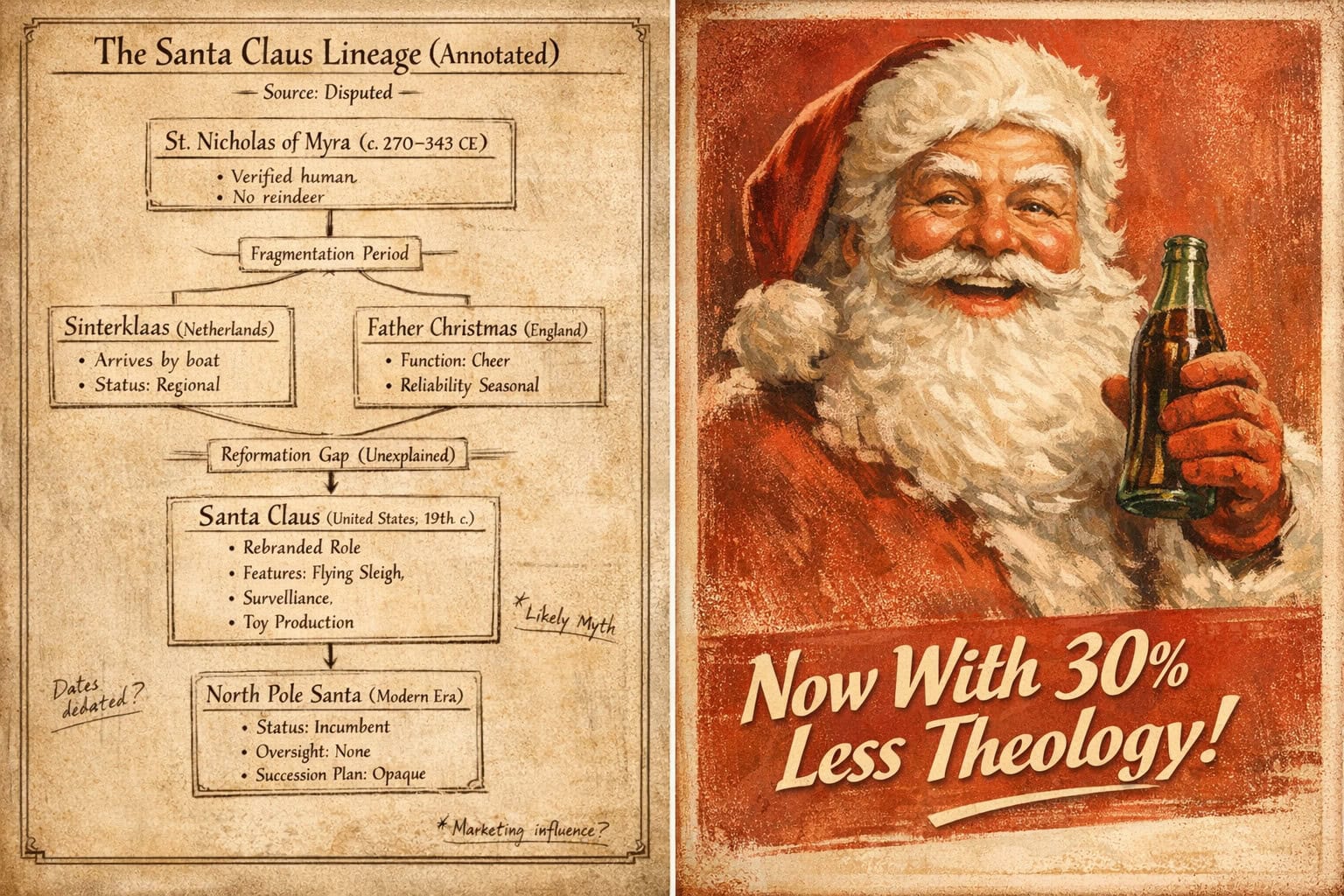 Vintage Santa Claus lineage chart with Christmas details and annotations.