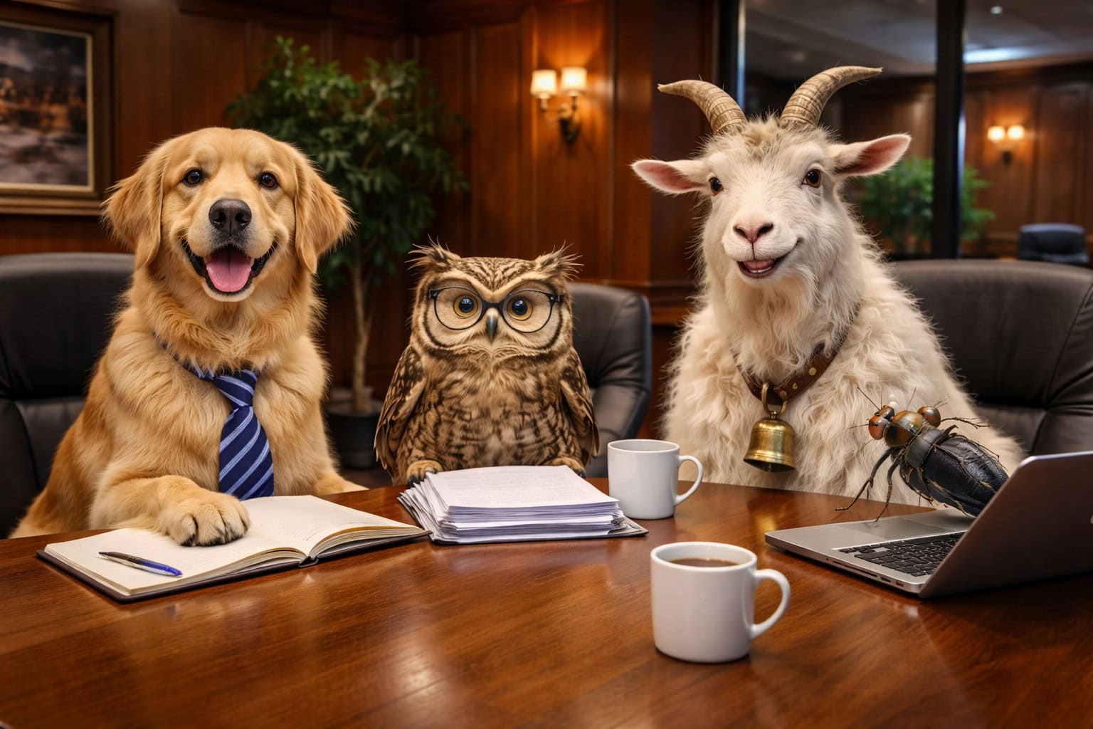 Business meeting with a dog, owl, and goat in an office setting.
