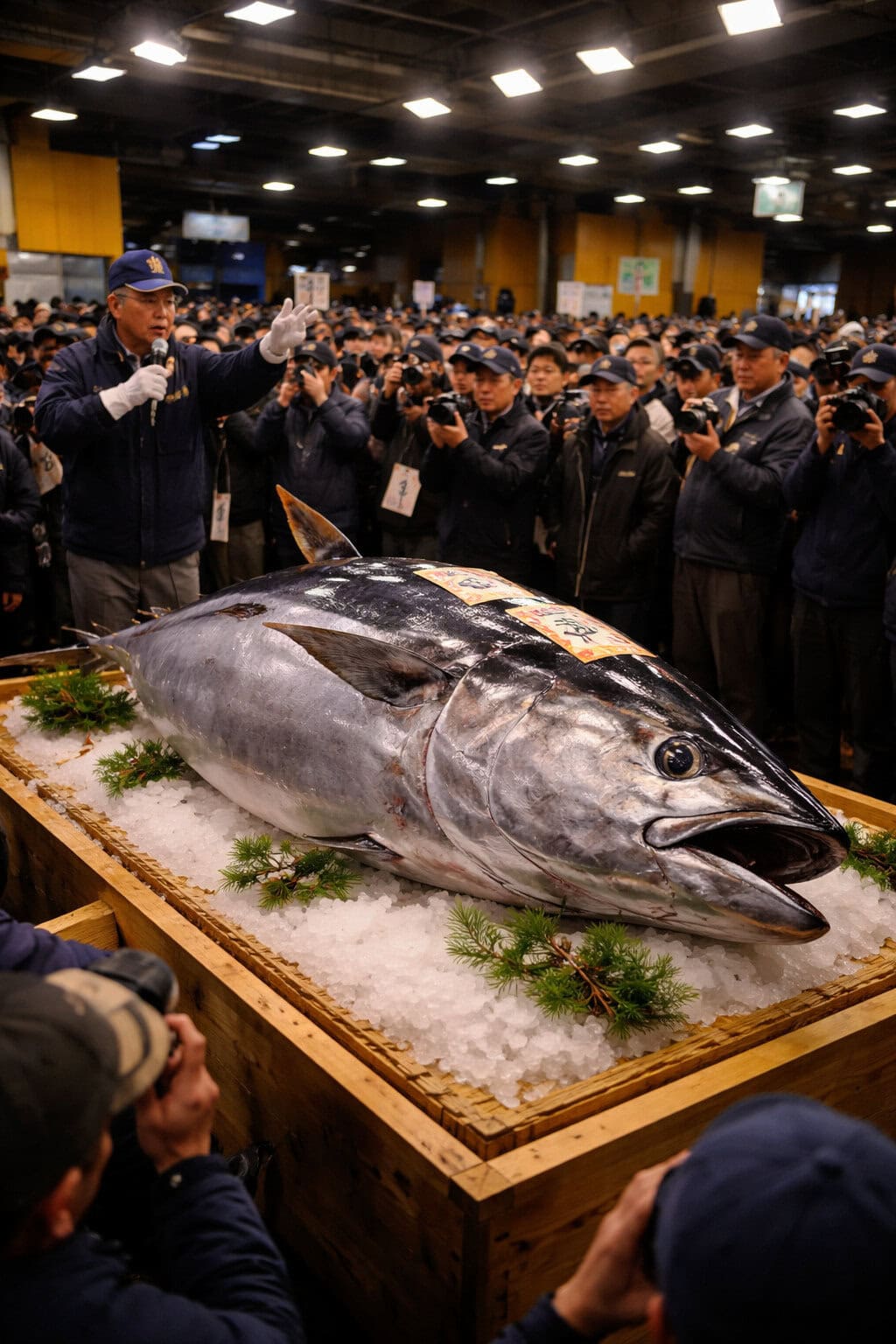 Large fresh tuna fish displayed on ice at seafood auction with crowd of buyers and sellers.