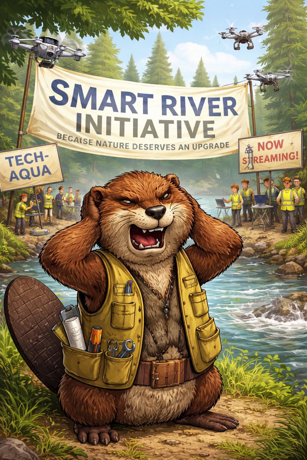 Cartoon beaver with safety vest promoting river conservation and smart water management.