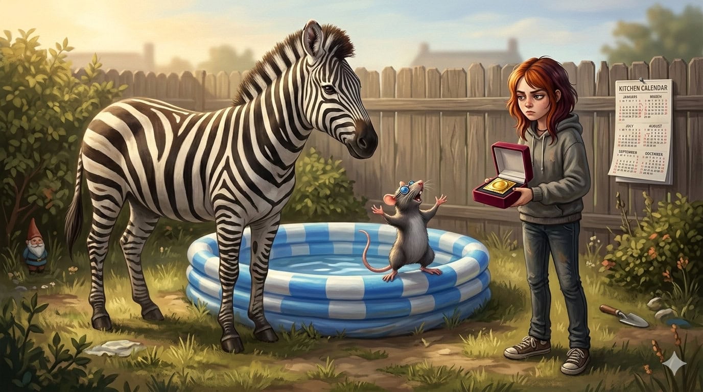 Zebra and mouse in backyard with jewelry box.