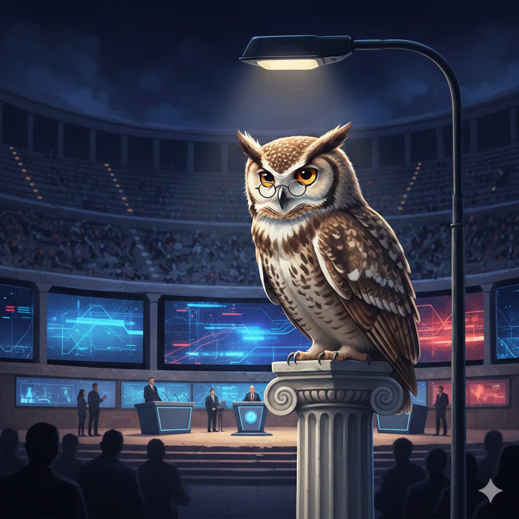Intelligent owl with glasses in a debate arena at night, digital screens in background.