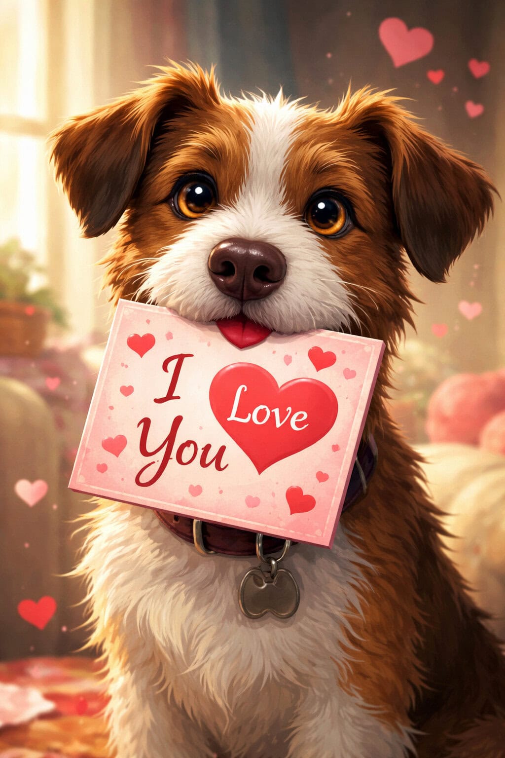 Adorable puppy holding a pink "I Love You" card with hearts, celebrating love and affection.