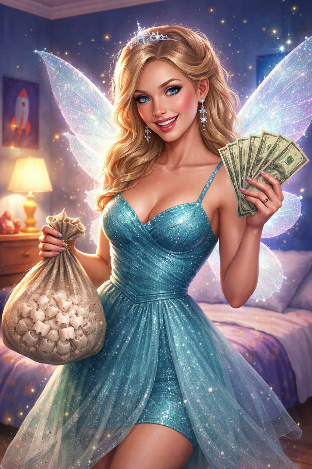 Fairy with glowing wings holding cash and a bag of marshmallows in a cozy bedroom.