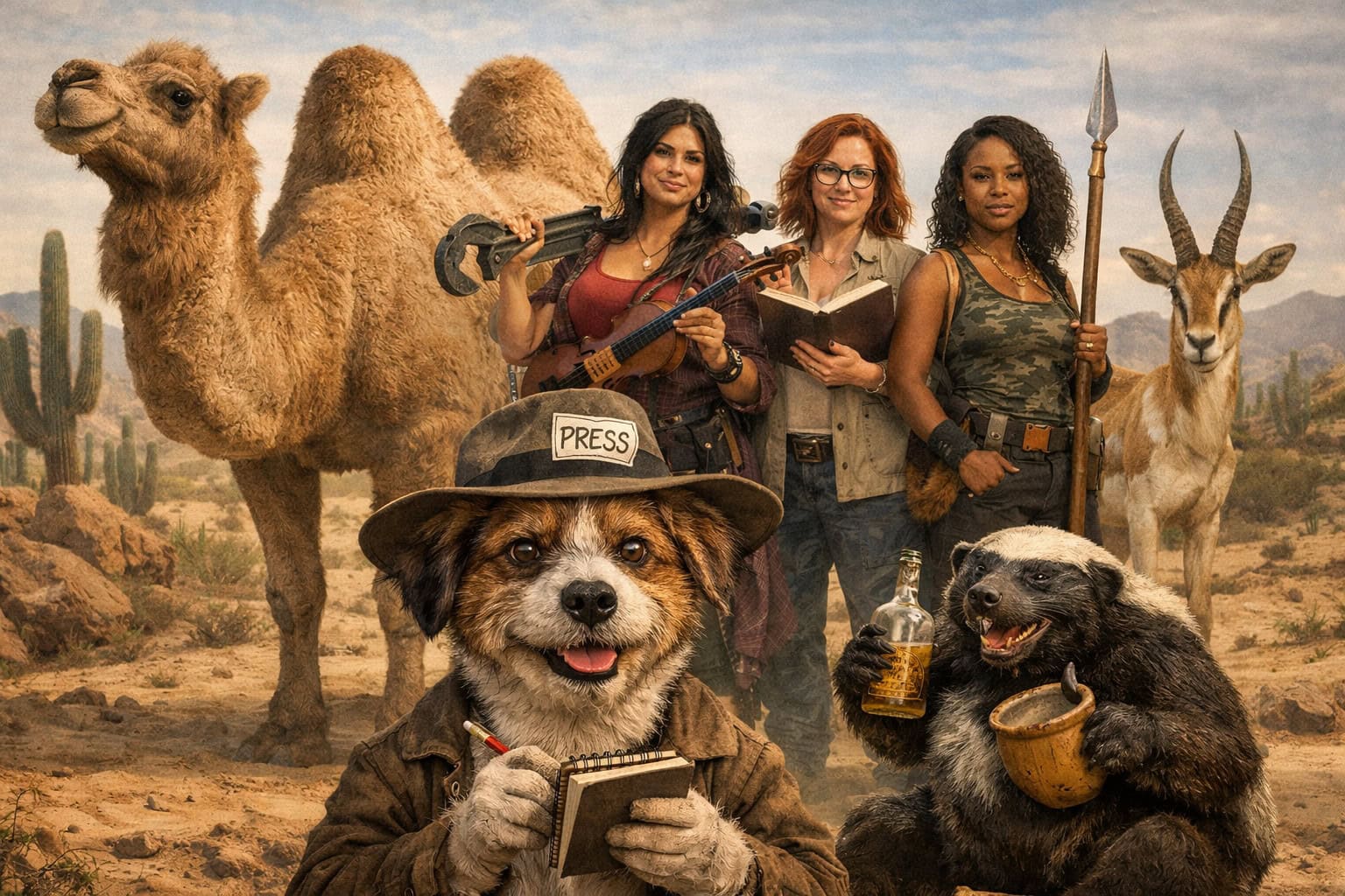 Three women and animals in a desert setting, representing Scribe Safari Magazine.