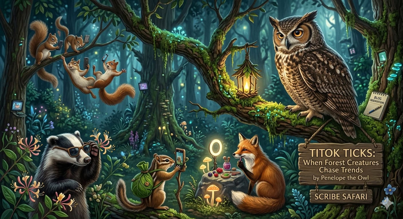 Enchanting forest scene with animals and owl, promoting Scribe Safari Magazine.