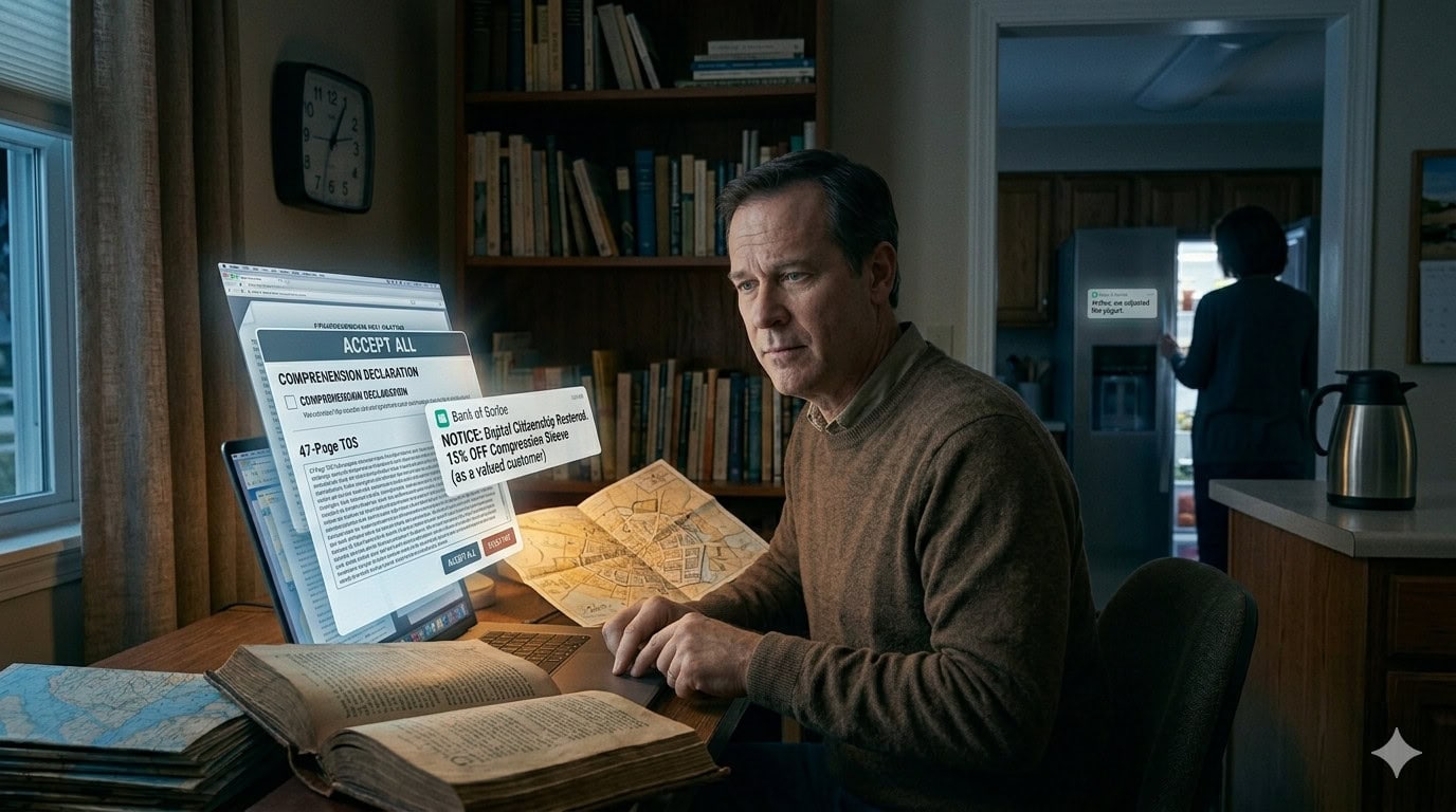 Man reading ancient manuscript with computer and books in a cozy study.