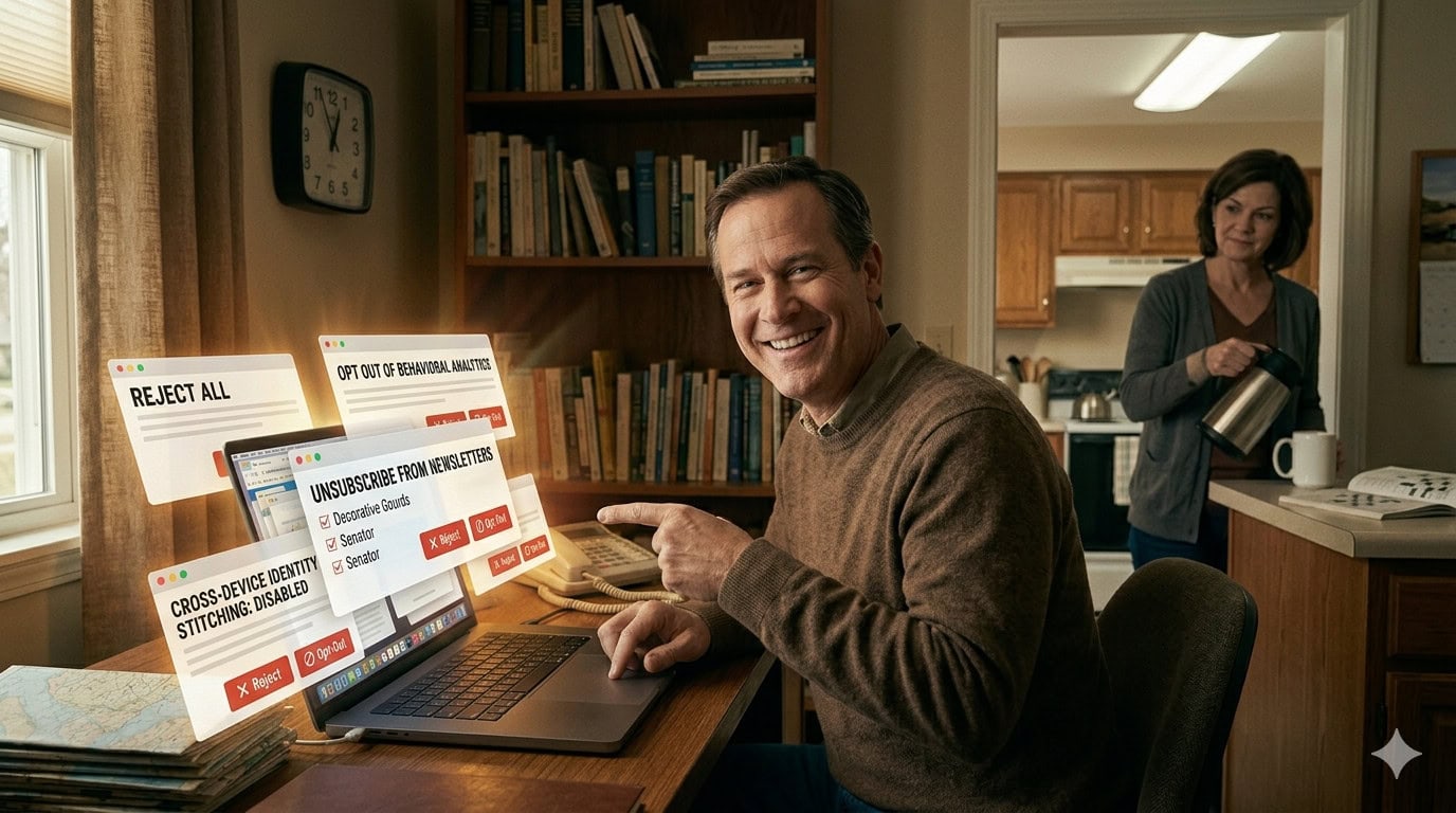 Man smiling at computer with writing prompts on screen in cozy home office.
