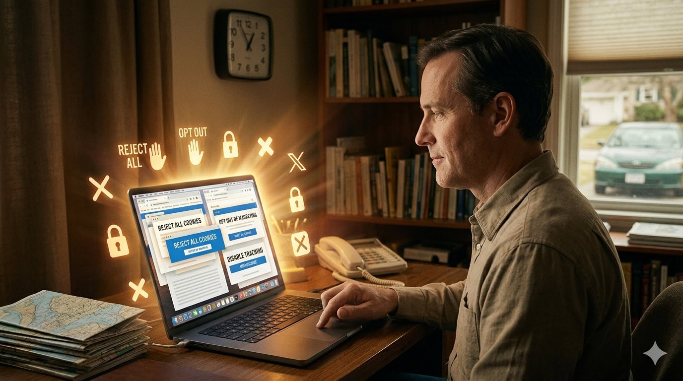 Man working on laptop with digital security icons and lock symbols, representing online privacy.