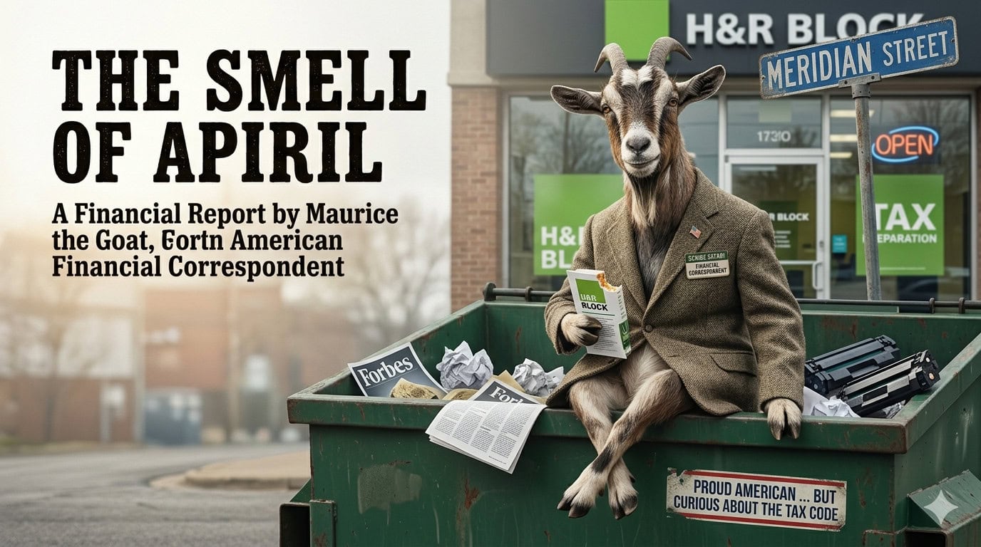 Goat dressed as a financial reporter sitting on a newspaper box on a city street.