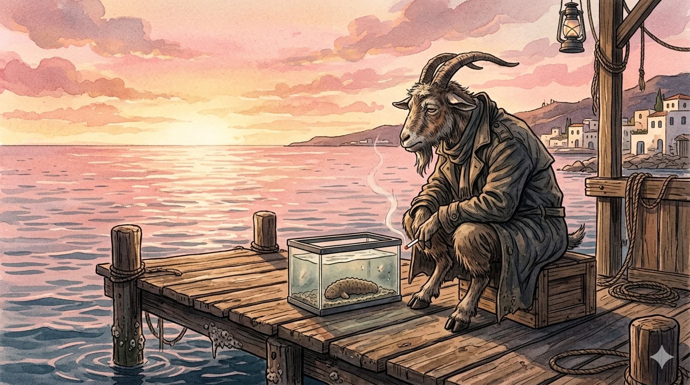 A mystical goat with horns sitting on a wooden dock by the sea at sunset, gazing at a fish in a glas.