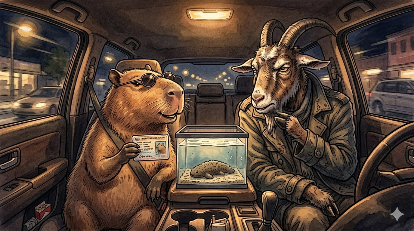 Humorous illustration of a bear and a goat in a car, with the bear holding a driver's license and th.