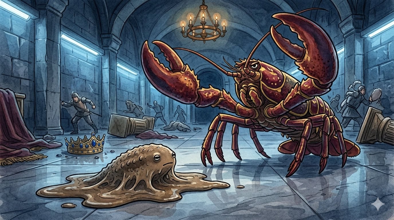 A giant lobster and an octopus in a mysterious underground chamber with adventurers exploring.