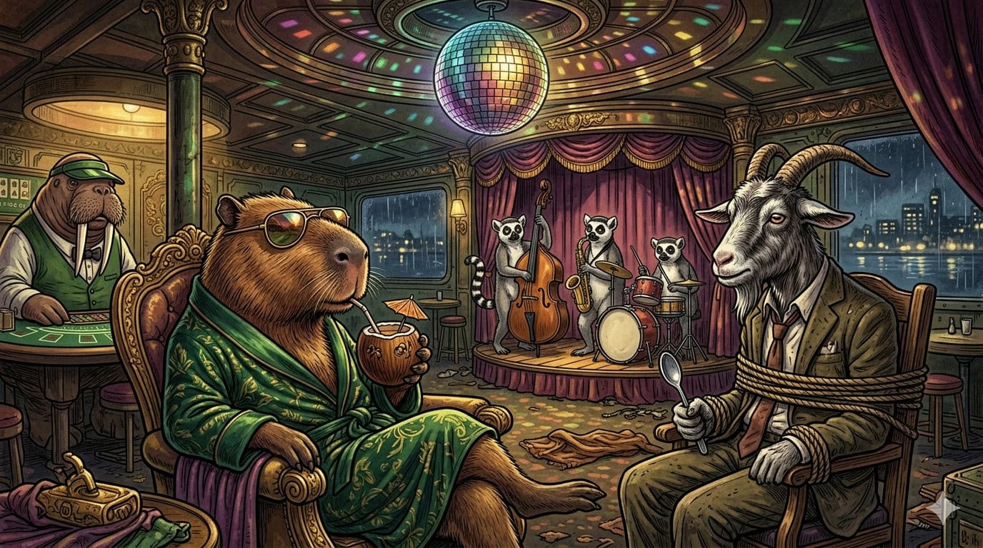 Elegant animal band performing jazz music in a sophisticated lounge setting with city skyline view.