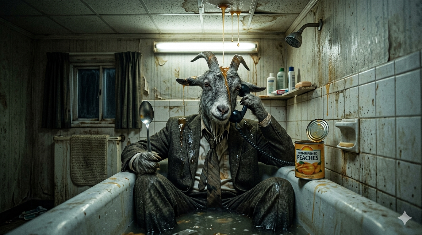 Maurice the Goat sits in a bathtub eating canned peaches