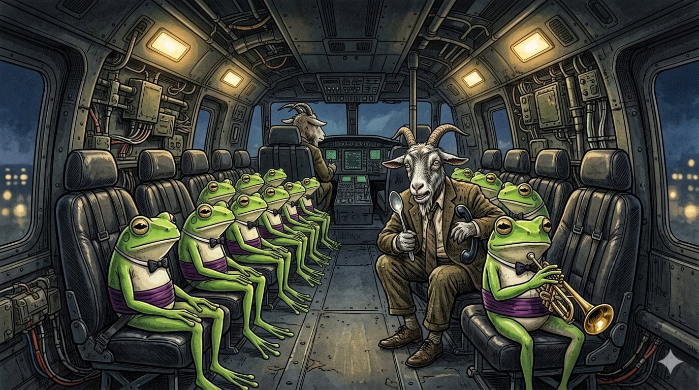 Cartoon goats and frogs in a spaceship cockpit with a musician goat leading a band.